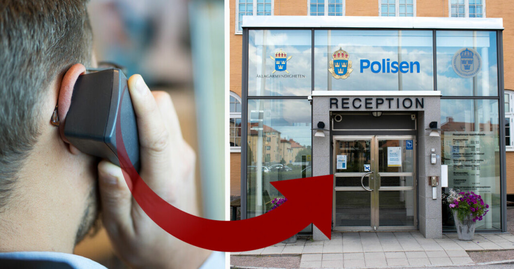 Person pratar i telefon. Polisens byggnad i Linköping.
