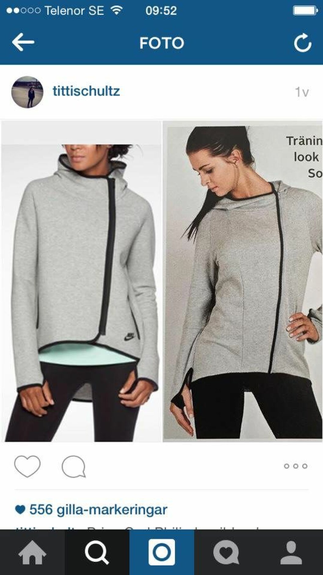 Tröjan Sofia har “designat” är väldigt lik Nikes variant. Tröjan Sofia har "designat" är väldigt lik Nikes variant.