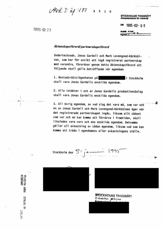 Jonas Gardell och Mark Levengoods äktenskapsförord. Äktenskapsförord.