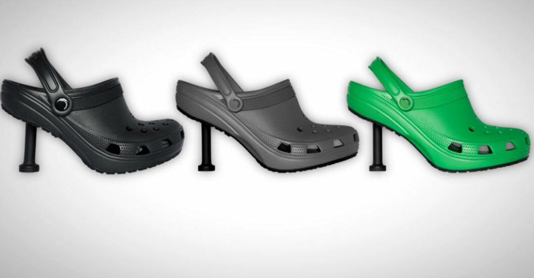 Här är Crocs och Balenciagas stilettoffla som går loss för 8 000 kronor. Skotillverkaren Crocs, gör skor som i Sverige är kända som ”foppatofflor”. Nu har de gjort ett samarbete med Balenciaga.