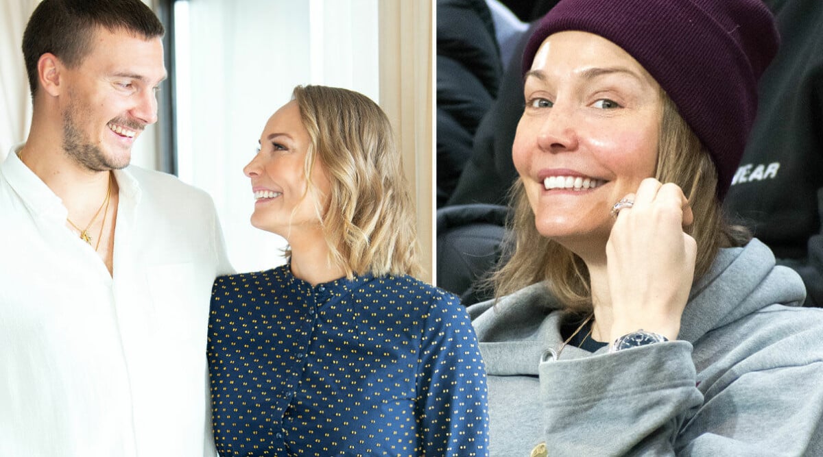 Carina Berg visar upp nyfödda dottern Juno för första gången