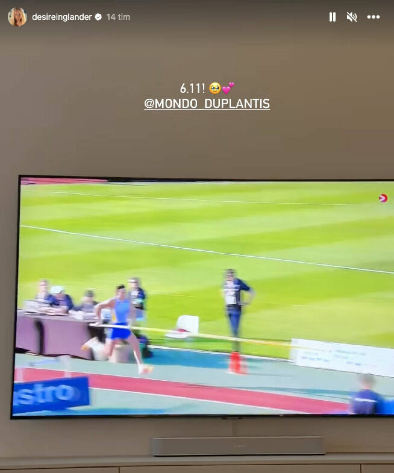 Desirés Instagram story om Armand Duplantis segerhopp i Nederländerna.