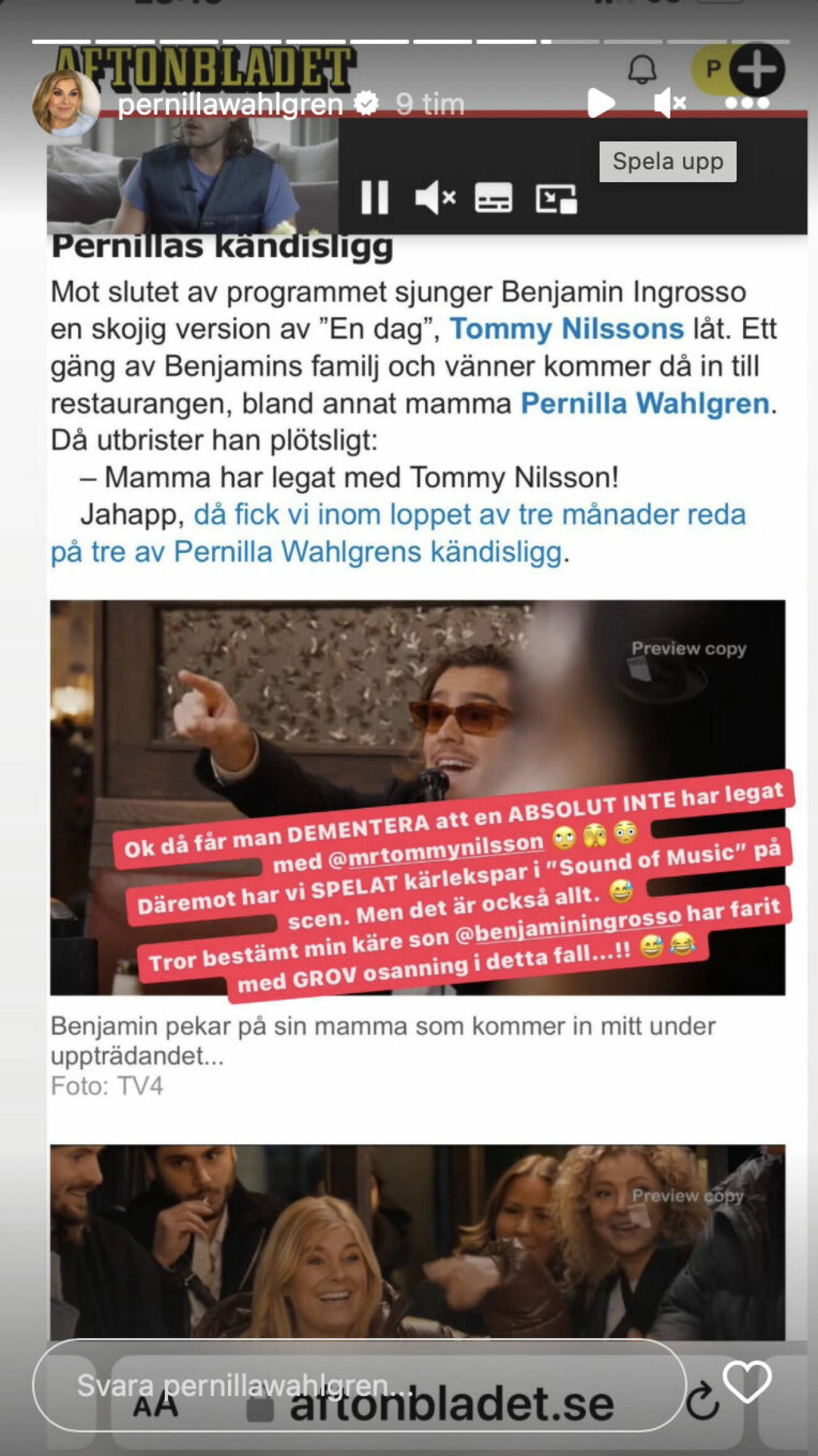 Pernilla Wahlgren dementerar romansryktet med Tommy Nilsson.