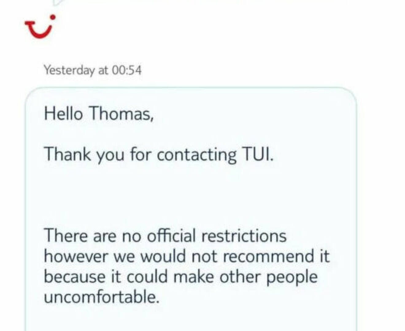 Meddelandet som Thomas Williams fick från TUI.