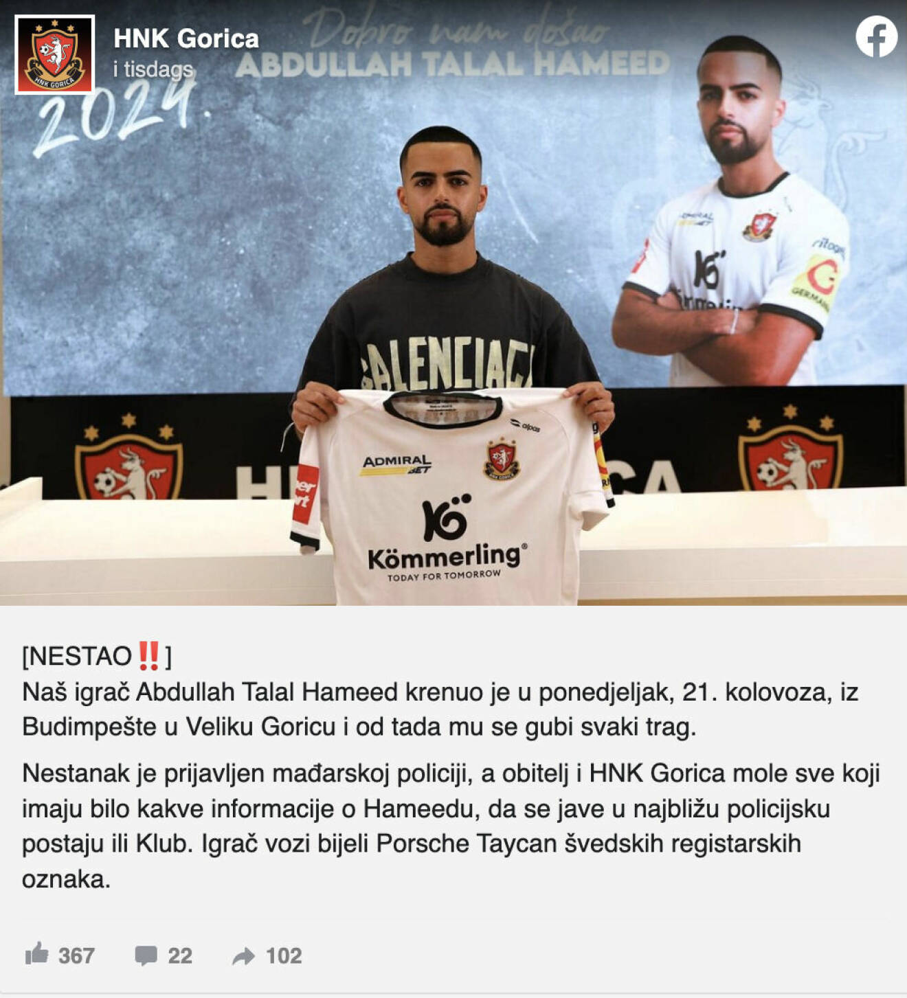 HNK Goricas svensk-irakiske spelare är spårlöst försvunnen.