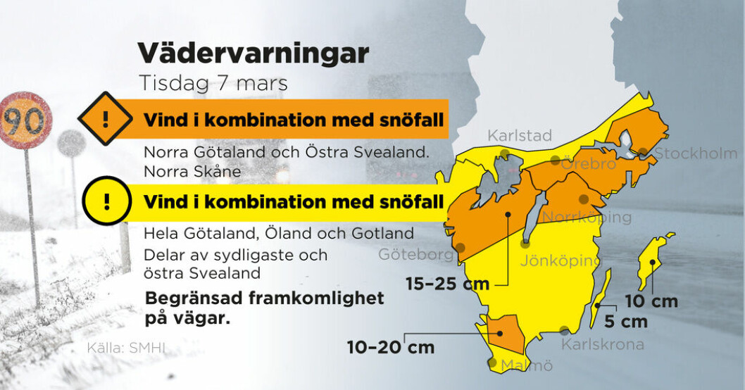 Tisdagens snö- och vindprognos för södra Sverige.