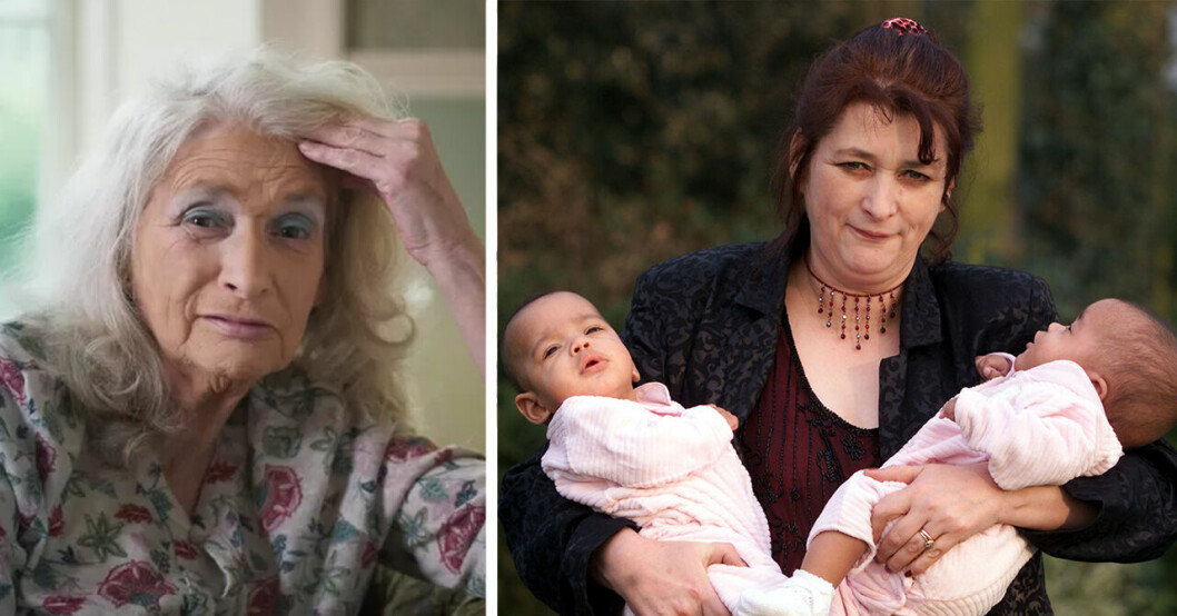 Till vänster: Judith Kilshaw i dag i dokumentären Tre mammor, två bebisar och en skandal. Till höger: Judithm 2000 hållandes sina adopterade tvillingar i famnen.