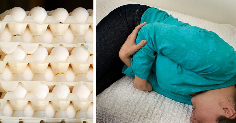 Flera äggkartonger med ägg och en kvinna som ligger och håller sig för magen.