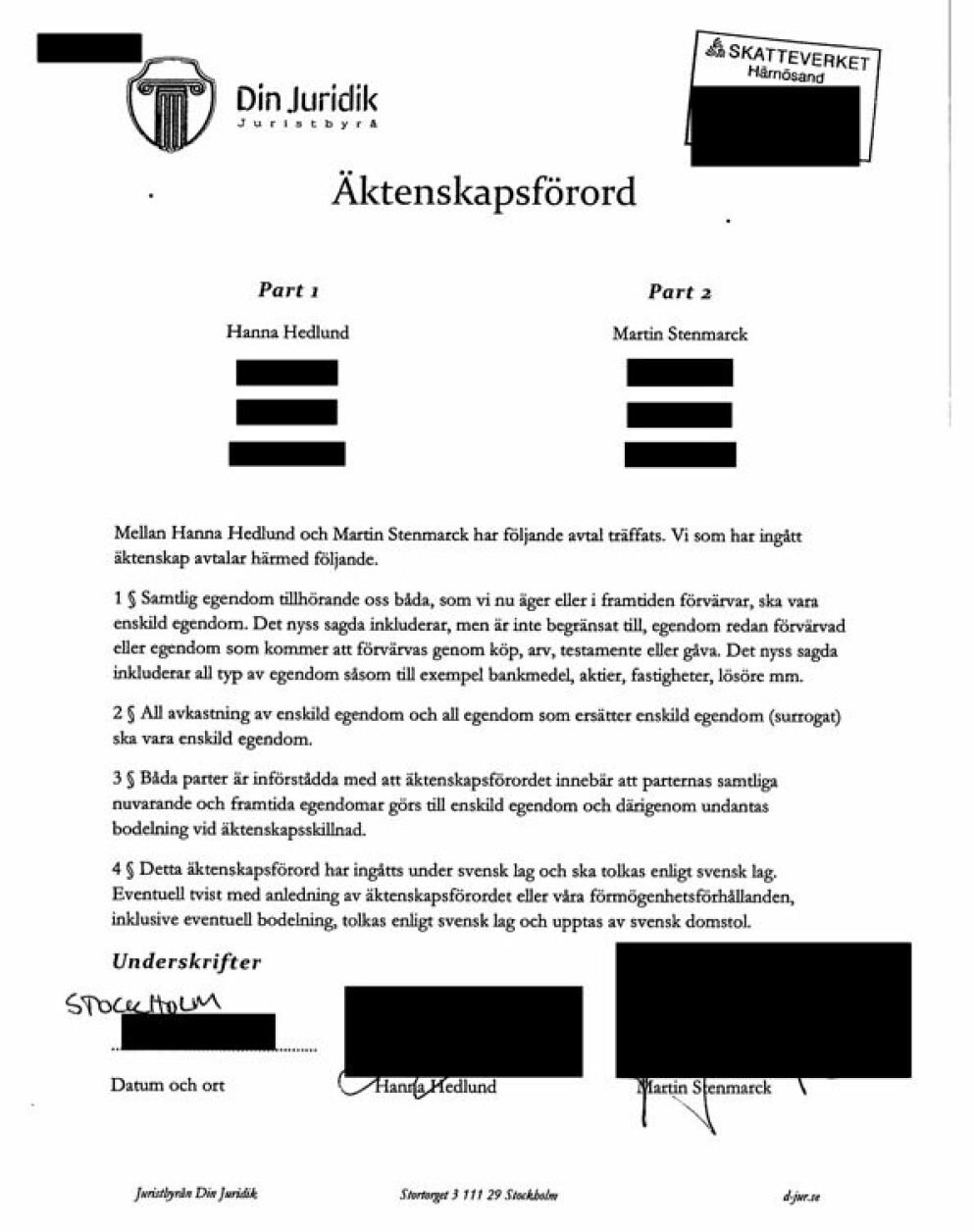 <span class=" bold" data-lab-bold_desktop="bold">Hanna Hedlunds och Martin Stenmarcks äktenskapsförord.</span> Äktenskapsförord
