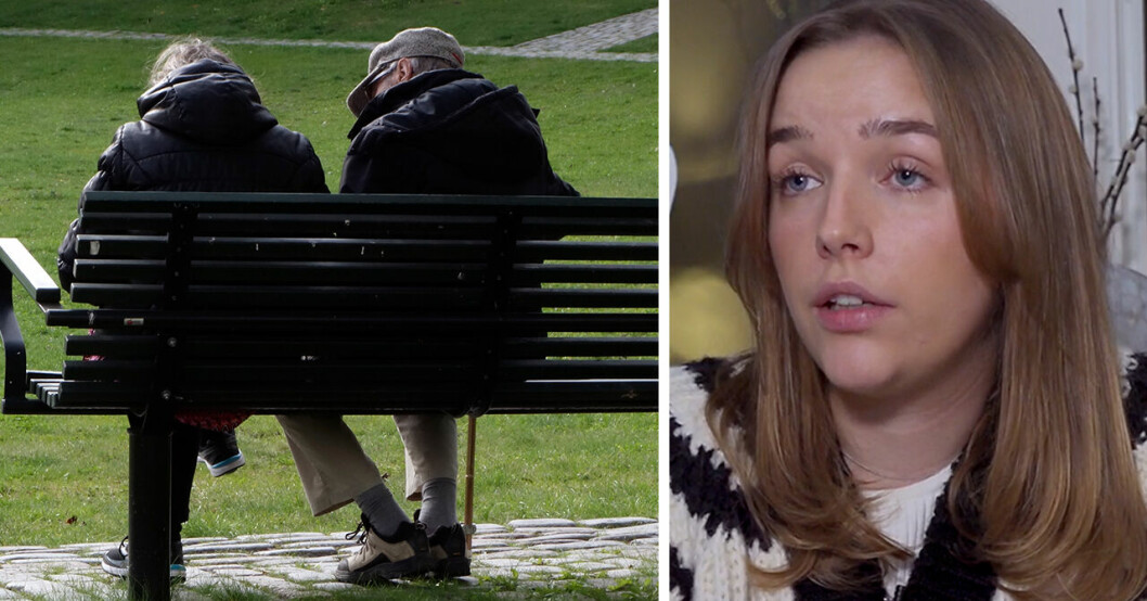 Ett äldre par sitter på en parkbänk och till höger syns det lurade parets barnbarn Ellen.