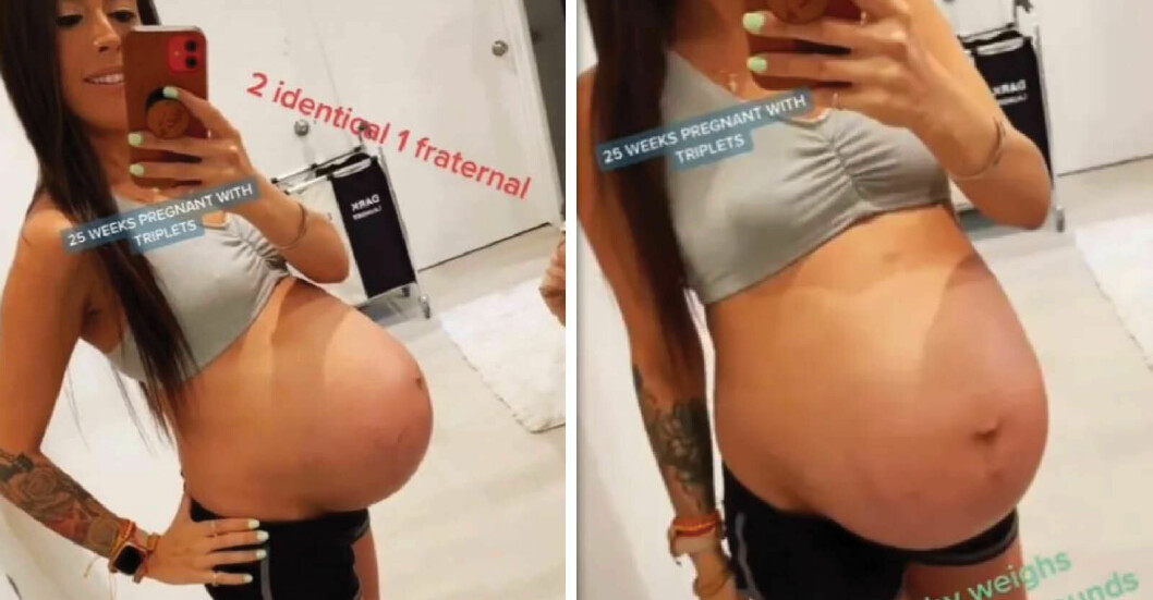 Den unga mamman Alex Galindo visar upp den enorma gravidmagen.