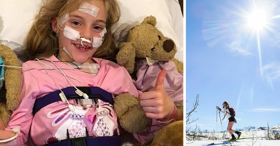 Sophie Gray ligger i en sjukhussäng med en nalle och gör tummen upp. Till höger åker en tjej skidor i solen.