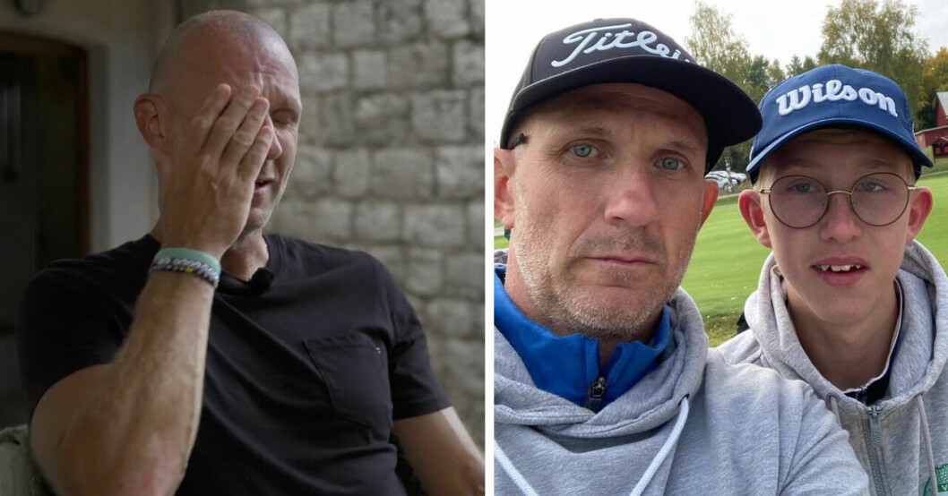 Andreas Bergwall håller för ansiktet. Till höger syns han med sonen Oscar.