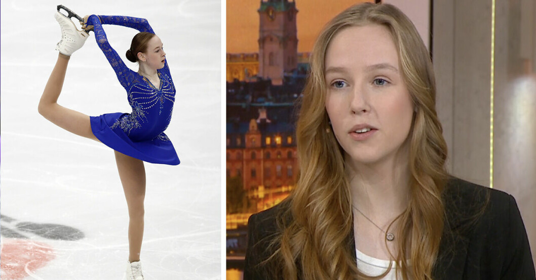 Anita Östlund åker konståkning till vänster och pratar i Efter Fem i TV4 till höger.