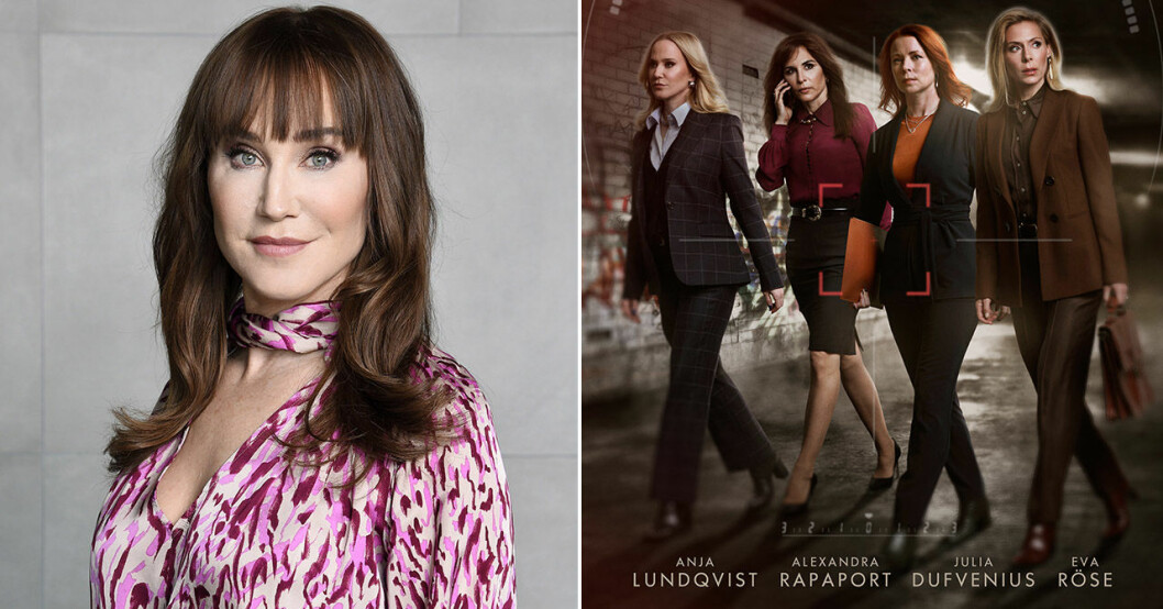 Anja Lundqvist är blond i Heder, men dök upp som brunett på pressträffen inför tv-serien. Anja Lundqvist, Alexandra Rapaport, Julia Dufvenius, Eva Röse.