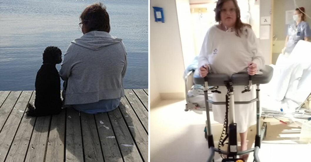 <strong>Anna blev svårt sjuk efter operationen.</strong> Anna och hunden Lizzy. Anna på sjukhuset.