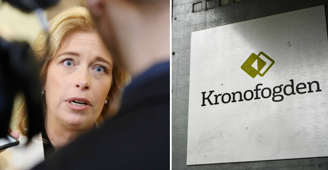 <strong>Men det visar sig att Strandhäll haft nio skulder sedan 2018.</strong> Annika Strandhäll intervjuas. Kronofogdens logotyp.