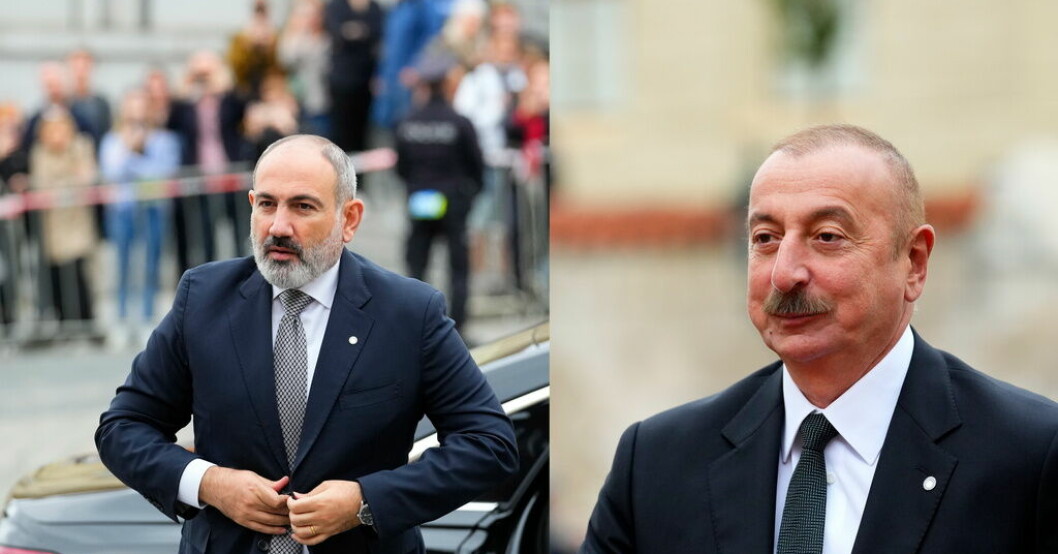 Armeniens premiärminister Nikol Pasjinjan, till vänster, och Azerbajdzjans president Ilham Aliyev. Arkivbilder. Kaukasiska ledare möts för fredssamtal