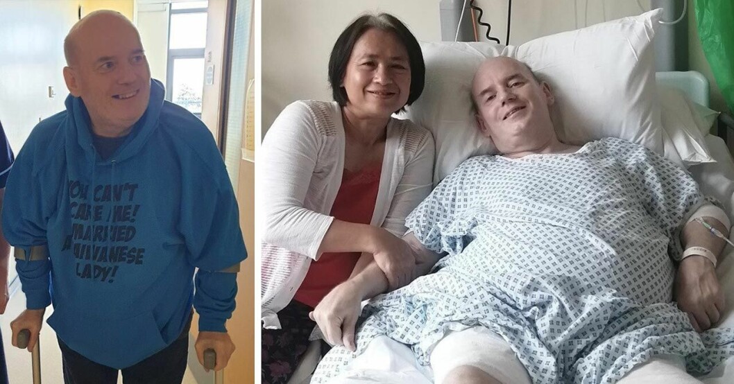 Kevin går med kryckor och ligger i sjukhussängen med sin fru Camille Hill bredvid sig till höger.