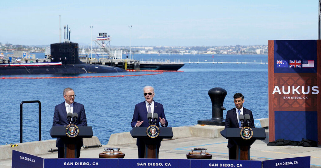 Australiens premiärminister Anthony Albanese, USA:s president Joe Biden och Storbritanniens premiärminister Rishi Sunak på flottbasen Point Loma i Kalifornien. Enad front när Aukus tar form för framtiden
