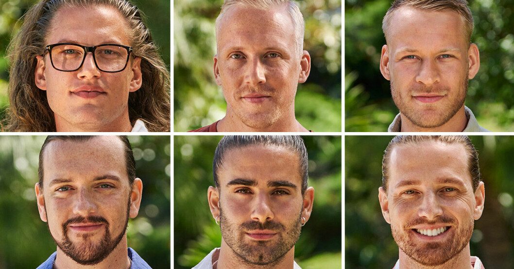 Felix Almsved, Jesper Guldbrandsen, Pontus Bäck, Filiph Idéhn, Angelo Jovic och Marcus Lennartsson i Bachelorette 2021.