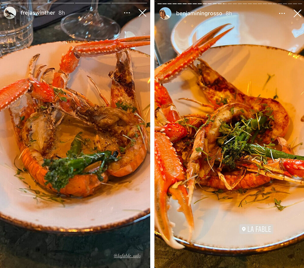Både Frøya och Benjamin lade upp bilder på en hummer från restaurangen La Fable i Oslo. Både Frøya och Benjamin lade upp bilder på en hummer från restaurangen La Fable i Oslo.