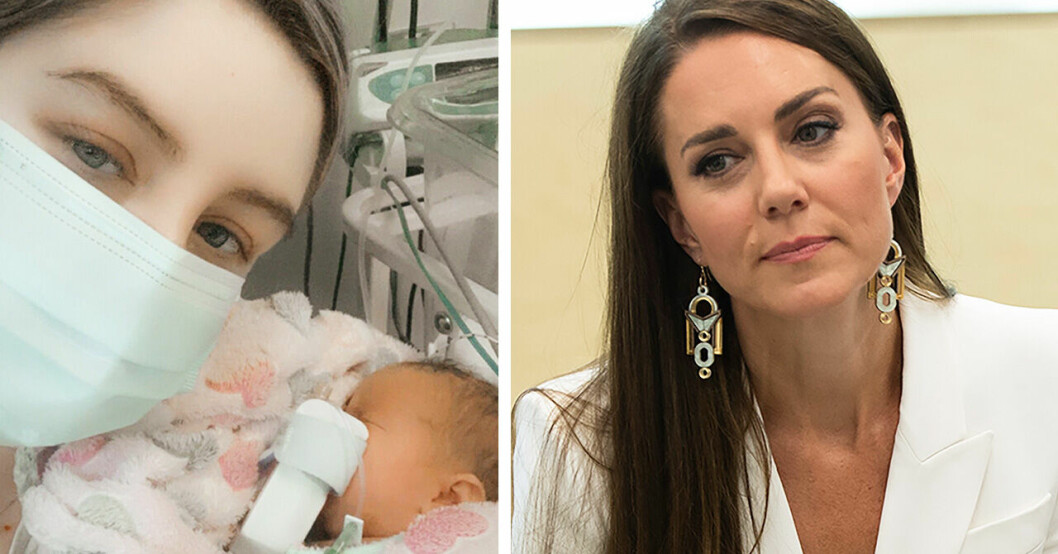 Stacey med sin nyfödda dotter bredvid en bild på Kate Middleton.