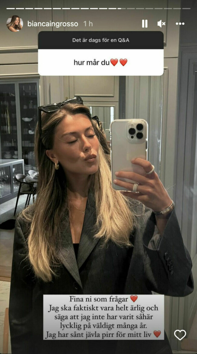 Bianca Ingrosso på Instagram efter nyheten om uppbrottet. Bianca Ingrosso på Instagram efter nyheten om uppbrottet.