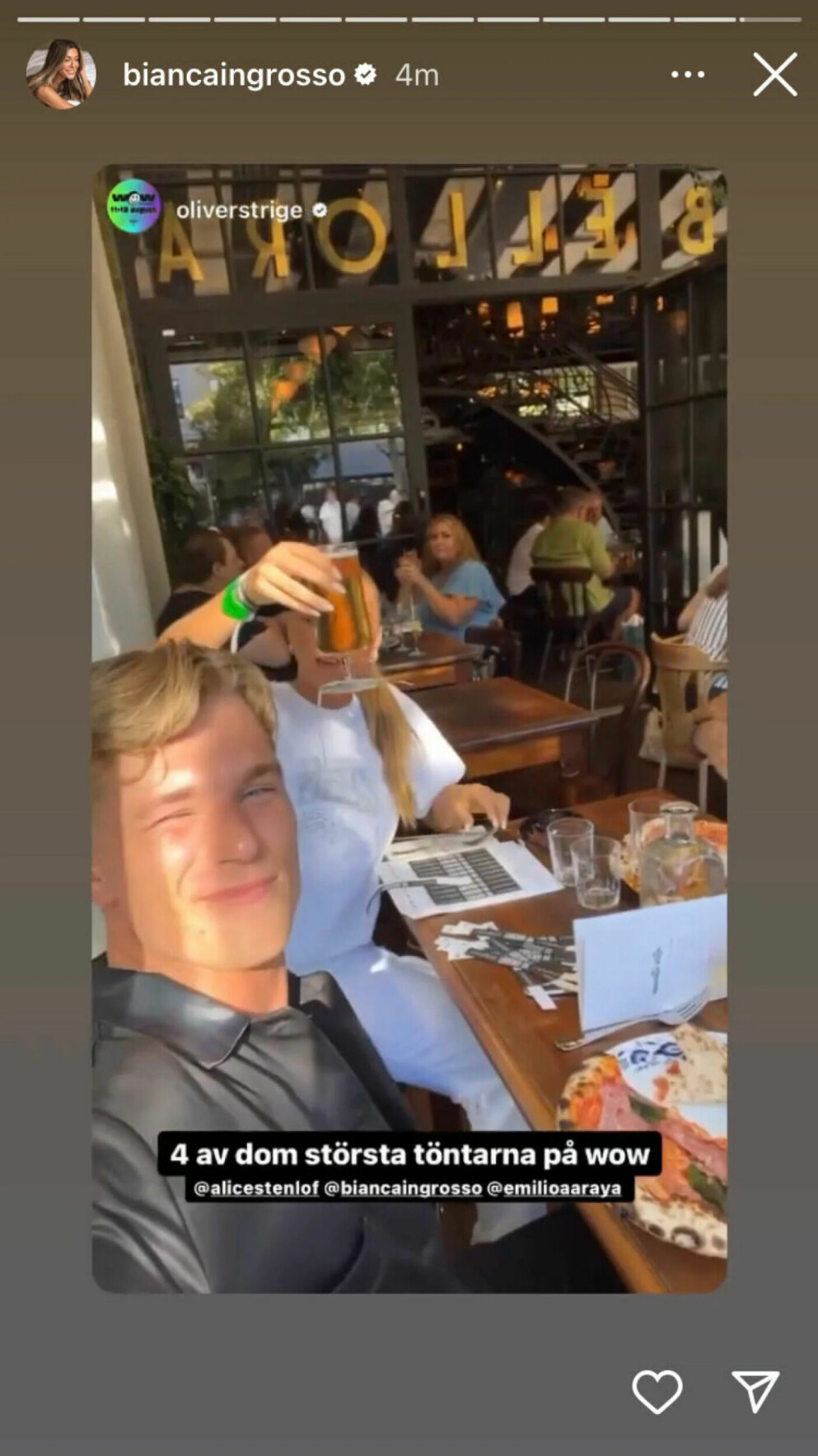 Bianca delar Oliver Striges händelse på Instagram. Här njuter de av varandras sällskap på en förfest. Bianca delar Oliver Striges händelse.