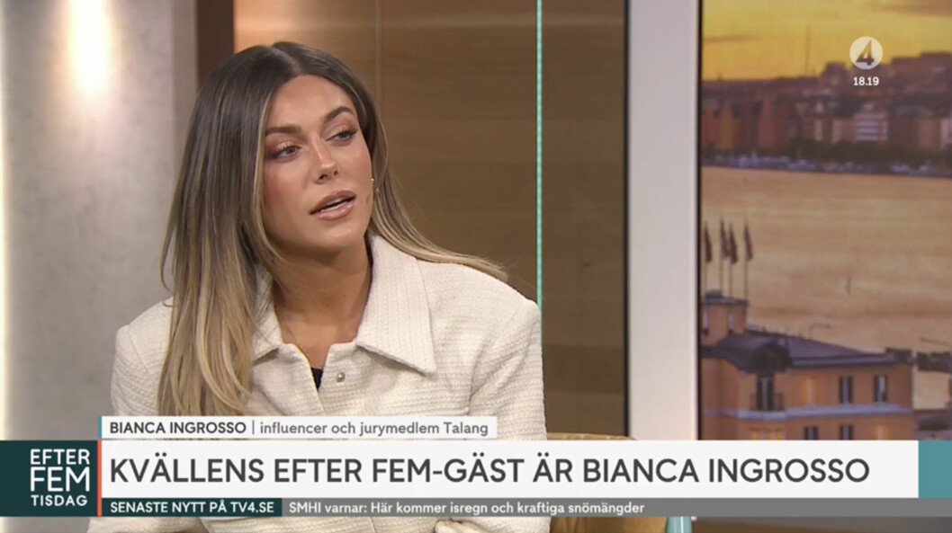 Bianca Ingrosso intervjuas av programledaren Sofia Geite i nyhetsprogrammet <span class=" italic" data-lab-italic_desktop="italic">Efter fem</span>. Bianca Ingrosso intervjuas av programledaren Sofia Geite i nyhetsprogrammet Efter fem.