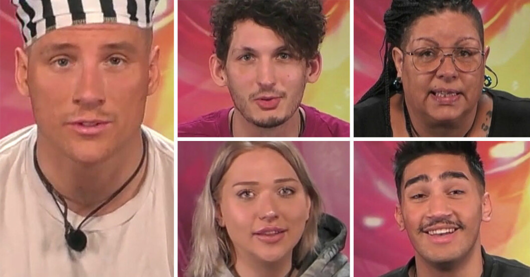 Adrian Podde, Pontus Andersen, Stephanie Harvey, Katti Göranssob och Joel Kosari i Big Brother 2021.