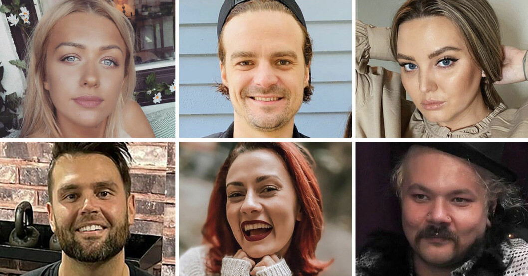 Jasmine Armstrong, Martin Forstén, Amilia Stapelfeldt, Lennie Hansson, Julia Löfgren och Sami Jakobsson i Big Brother 2020.