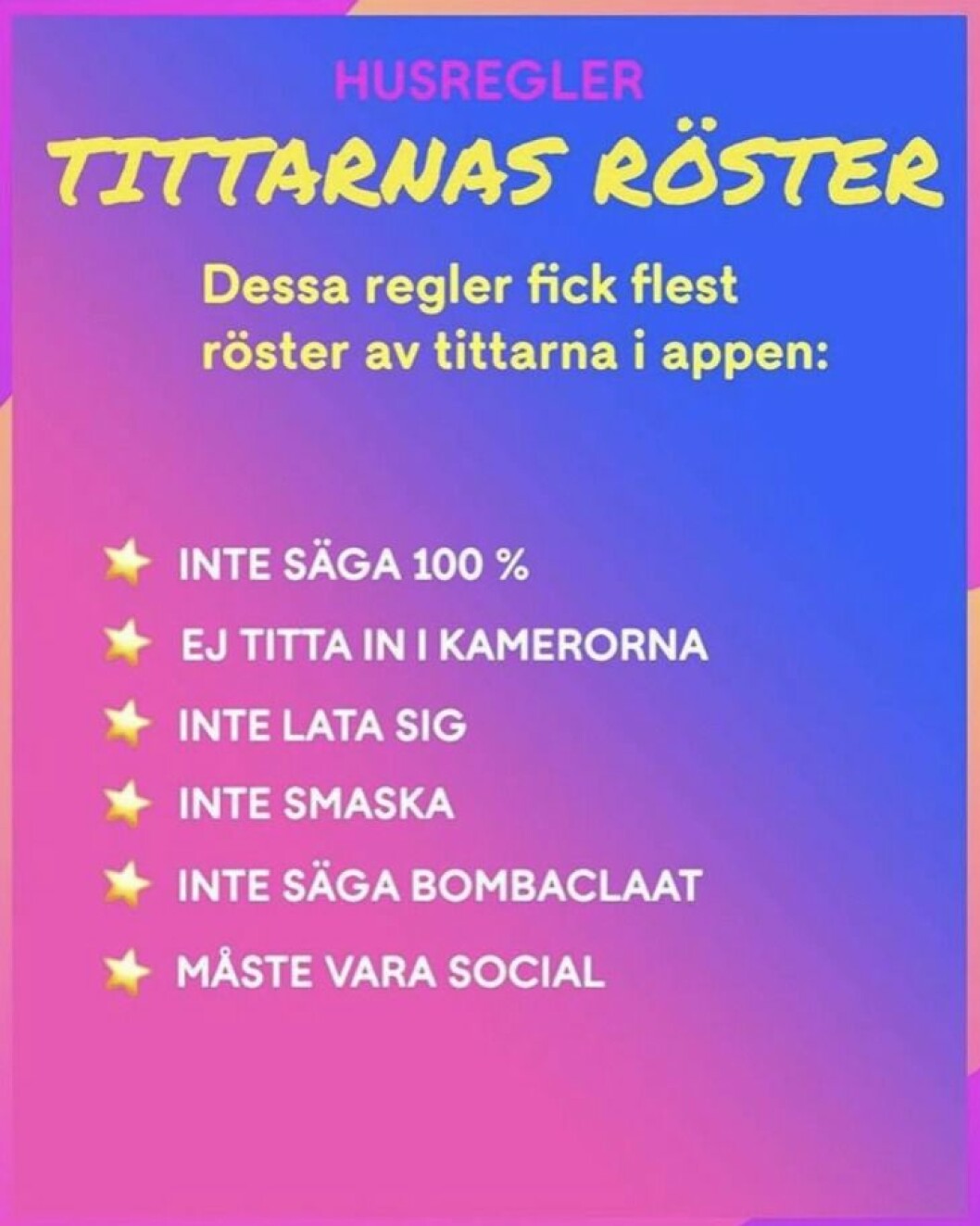 Regler som Big Brother-deltagarna ska följa för tillfället. FOTO: Cmore Regler som Big Brother-deltagarna ska följa för tillfället.
