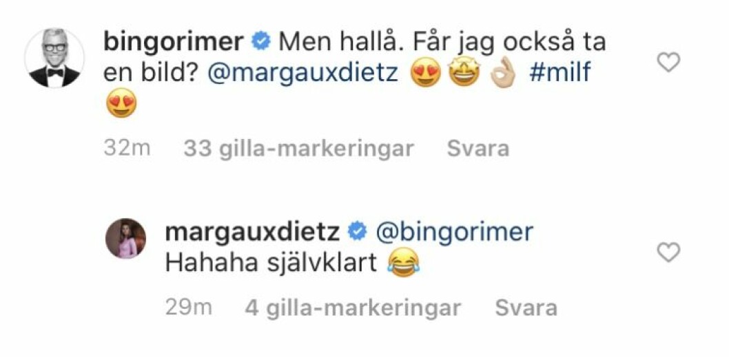 FOTO: Instagram Kommentarer mellan Bingo Rimér och Margaux