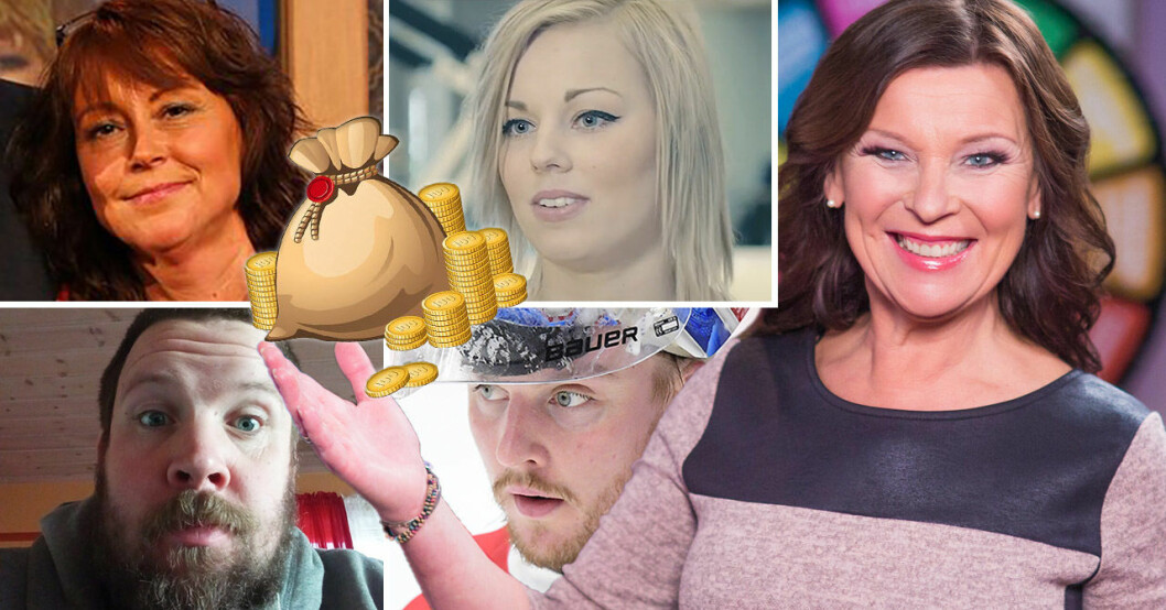 Bingolottos programledare Lotta Engberg och några av miljonvinnarna.