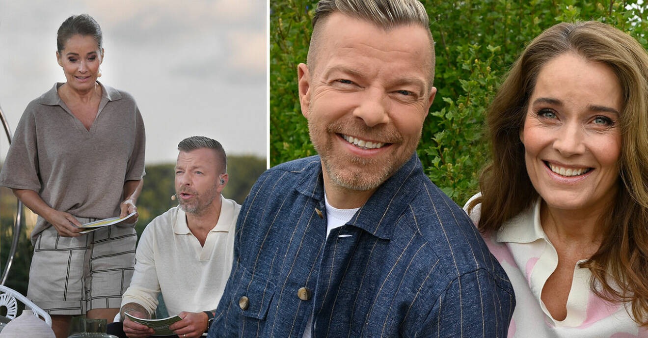 Artisten Casper Janebrink har jeansjacka och programledaren Agneta Sjödin har en vit tröja med rosa blommor.