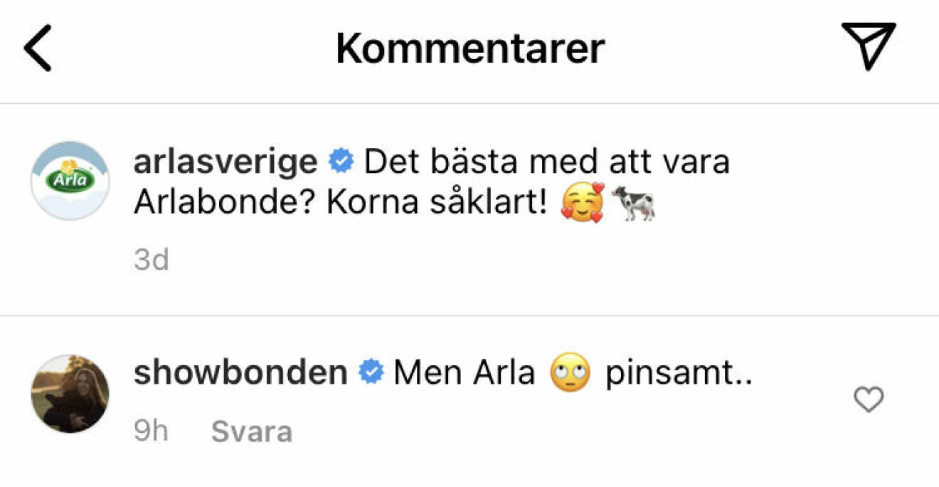 Bonde söker fru-Susanna Karlssons kommentar under Arlas sponsrade inlägg.