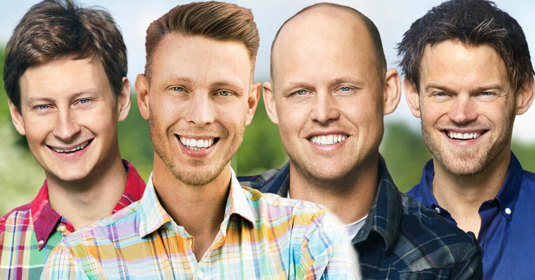 Oscar Fjärrstrand, Pelle Hansson Ed, Jimmy Olofsson och Alexander Andersson i Bonde söker fru 2019.
