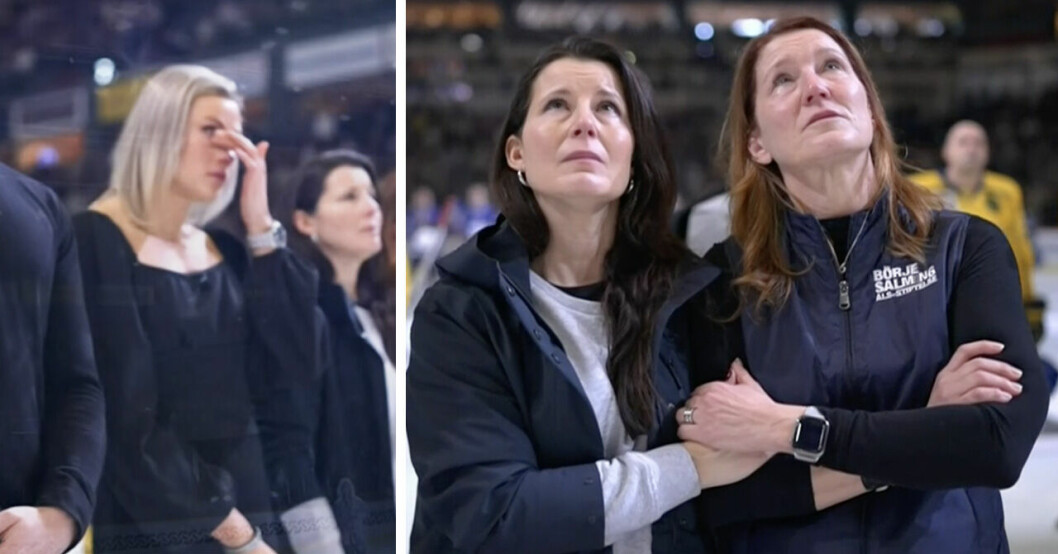 Bianca Salming torkar tårarna under Börje Salming-hyllningen och till höger syns Teresa och Pia Salming hålla om varandra under hyllningen.