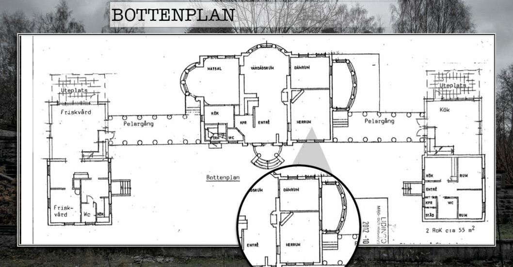 På entréplan möts besökaren av flera stora salar och ett herr- och damrum, enligt planritningarna. Genom pelargångar kan man ta sig ut i flyglarna med friskvårdsavdelning och ett stort kök. Villa Kassmans bottenplan med entré och flera salar.