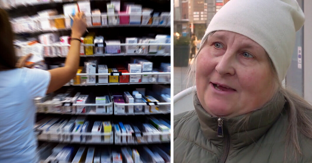 En kvinna letar bland mediciner i en medicinhylla. Till höger syns Vivianne Eliasson som inte har kunnat hämta ut sin medicin.