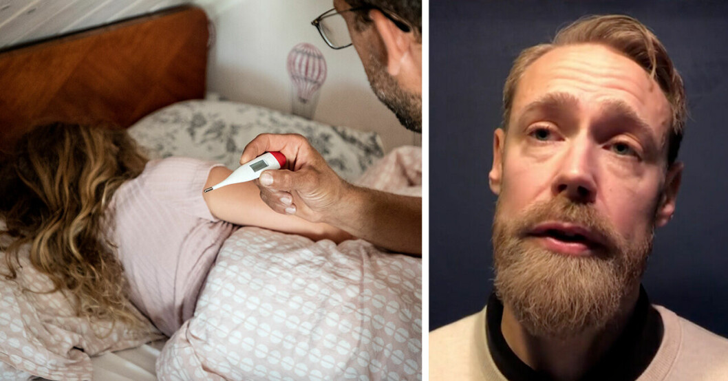 En man håller i en termometer och en liten flicka ligger i en säng. Johan Andersson på Läkemedelsverket till höger.