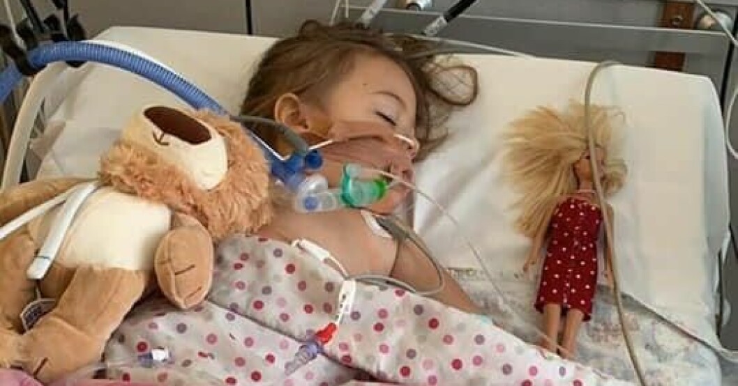 Under 2,5 år kämpade Isla-Mae mot sin cancer. Under tiden hann hennes syster Bonnie födas. Isla-Mae i sjukhussängen med slangar i näsan och gosedjur vid sig.