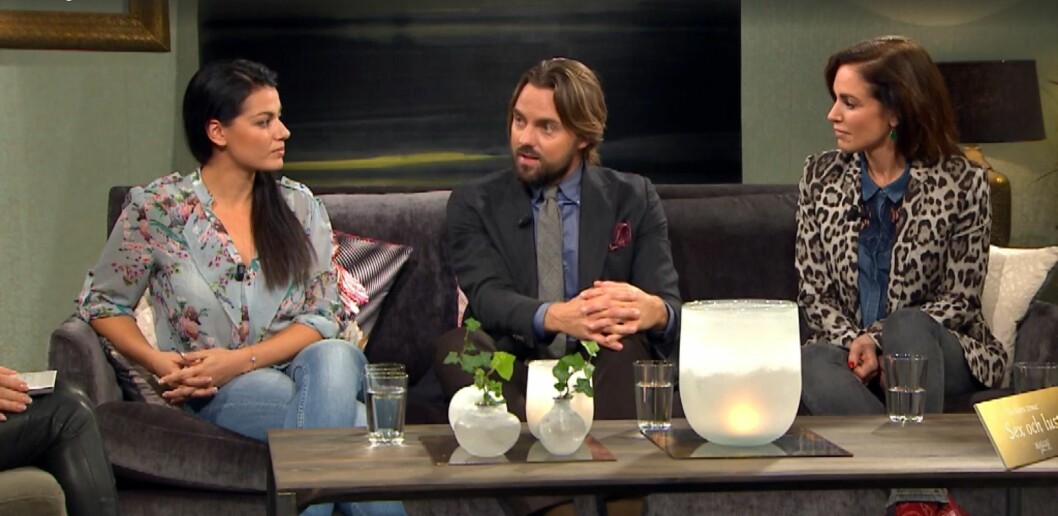 Carin da Silva, Nisse Edwall, och Tilde Fröling snackar sex i <em>Malou efter tio</em>. Foto: TV4 Carin da Silva, Nisse Edwall, och Tilde Fröling snackade sex i Malou efter tio. Foto: TV4