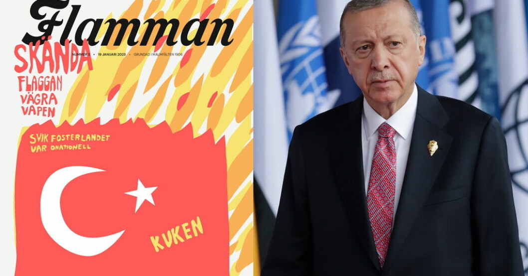 Carl Johan De Geer gjorde en förstasidan till tidningen Flamman med anledning av satirtävlingen med bilder på den turkiske presidenten. Arkivbild. Flamman gör satirutställning på Supermarket