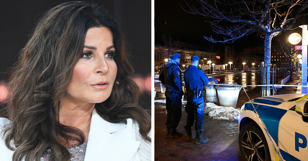 Carola och poliser står vid ett avspärrningsband bredvid en polisbil efter en skjutning