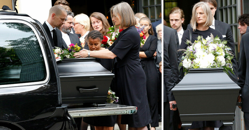 Änkan Catharina vid Michaels kista på begravningen i Katarina kyrka i juli 2017. Änkan Catharina på Michael Nyqvists begravning i Katarina kyrka i juli 2017.