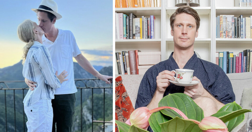 Carl Cederström kysser sin fästmö Karin af Klintberg och till höger sitter han med en tekopp i händerna.
