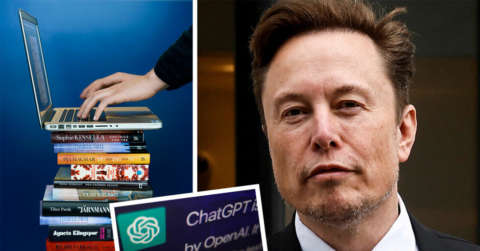 En som skriver på en laptop på en bokhög, ChatGPT:s logga och Elon Musk till höger.