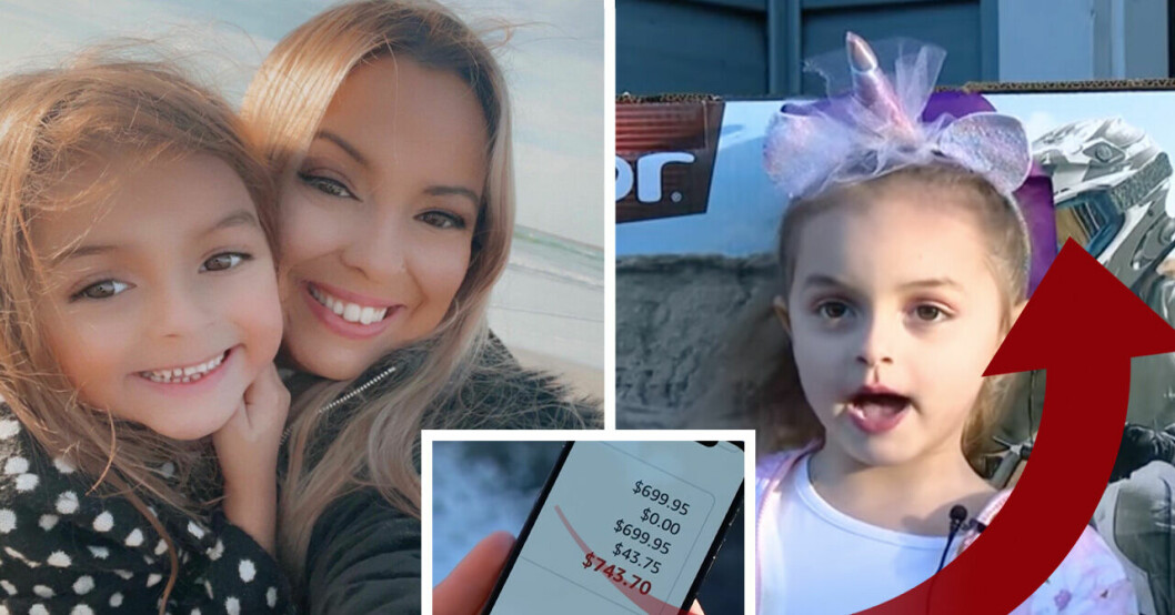 Jessica med dottern Lila. Lila framför sin beställning och mobilen där ena köpet visas.